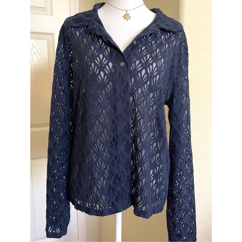 LOFT Navy Openwork Lace Button-Down Shirt